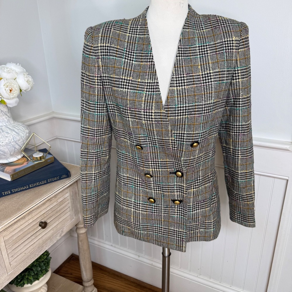 Casual Corner Stirling Cooper Multi Color Glen Plaid Double Breasted Blazer 4
